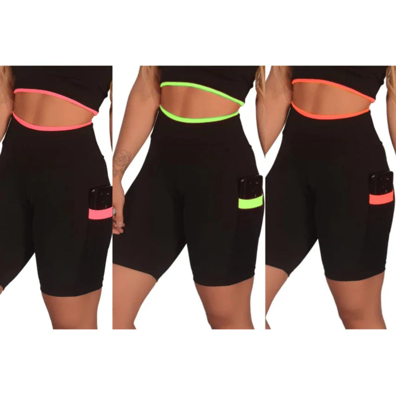 Kit 3 Short Feminino Fitness Academia com Bolso